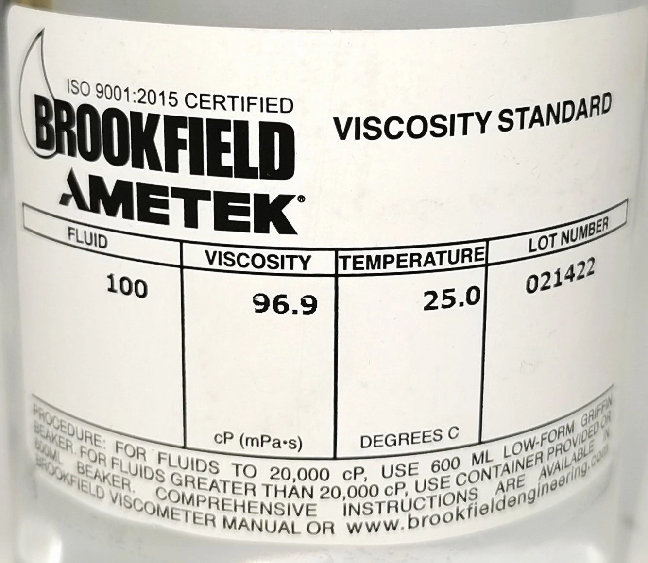 Brookfield #100 Viscosity Standard (100cp) - Image 3